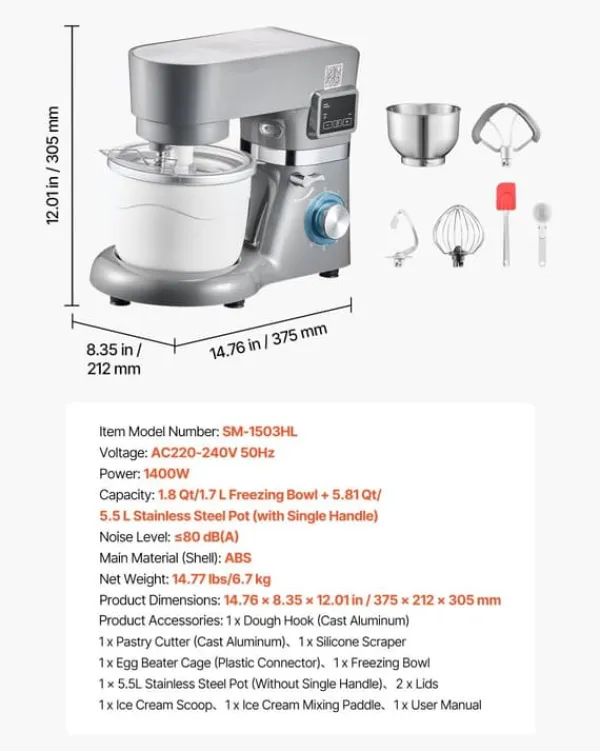 Ismaskine>Ismaskine - Elektrisk - Kapacitet 1,7 l - LED Display & Timer - 6 Hastigheder - Til Sorbet, Gelato, Frossen Yoghurt - Grå