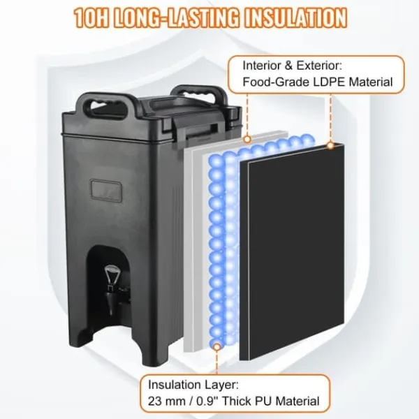 Drikkevareautomater>Isoleret 5 gallons drikkevaredispenser, fødevaregodkendt LDPE, til varme/kolde drikkevarer. Termisk køler med to-trins vandhane.