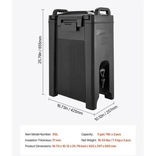 Isoleret Dispenser til Varme og Kolde Drikke, 5 Gallon/19 Liter, Drikkevareserveringssæt med 2 stk. Outlet