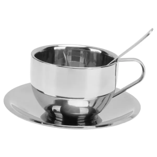 Kaffe- & Teservicer>Isoleret kaffekopsæt i rustfrit stål - 180 ml dobbeltvægget krus med underkop og ske