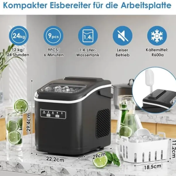 Isproducenter>Isterningemaskine - Bordmodel - 1,4 l - 12 kg/24 t - 9 terninger på 6 min - Selvrens - Sort