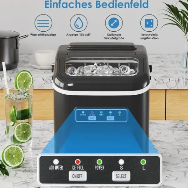 Isproducenter>Isterningemaskine - Bordmodel - 1,4 l - 12 kg/24 t - 9 terninger på 6 min - Selvrens - Sort