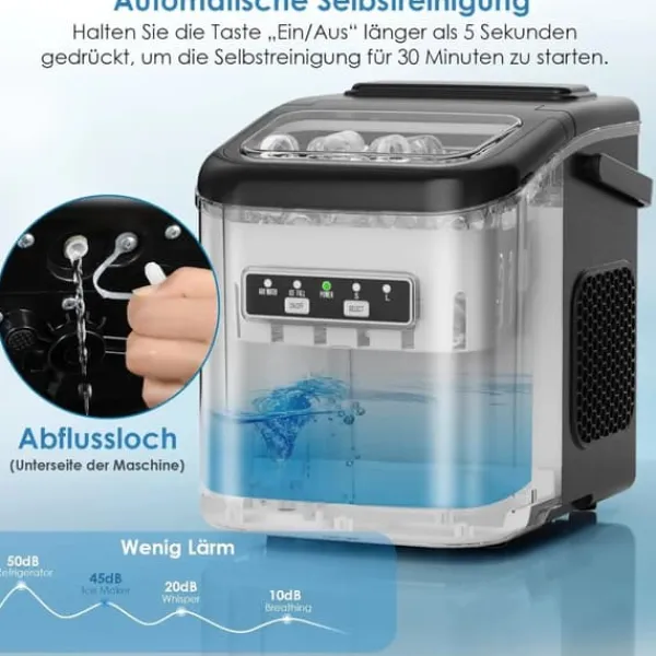 Isproducenter>Isterningemaskine - Bordmodel - 1,4 l - 12 kg/24 t - 9 terninger på 6 min - Selvrens - Sort