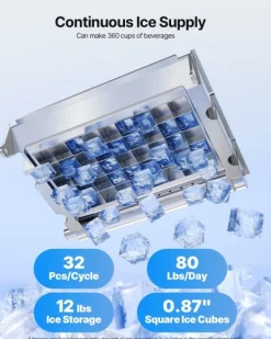 Isterningemaskine - Professionel - Kapacitet 36,3 kg/døgn - Opbevaring 5,4 kg - Produktion 32 isterninger/cyklus - Selvrensende - Rustfrit Stål New