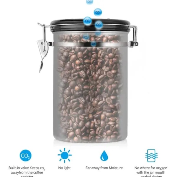Kaffebeholder Stor Lufttæt Rustfrit Stål Sort Køkkenopbevaringsbeholder (Sølv 1,8L) New