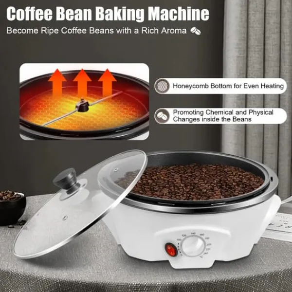 Kaffebønnerister - Elektrisk Ristemaskine - 1200W - 220–240V - 500 g Kapacitet - PP & Glas - Til Kaffe/Nødder - Hvid Outlet
