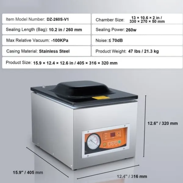 Vakuumpakkere>Kammervakuumforsegling, 260 W, effektiv vakuumpakkemaskine til vådfoder, kød og marinader. Kompakt design, 10,2” forseglingslængde