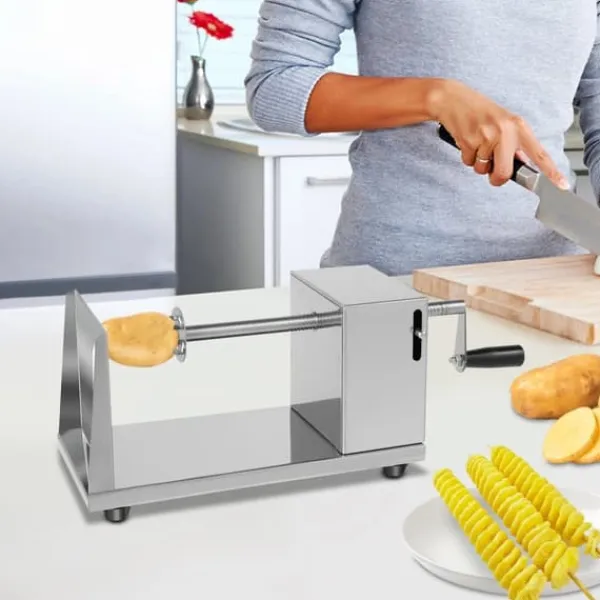 Kartoffel Twister - Spiral Slicer - 430 Rustfrit Stål - Plast - Spiralchips/Tornado - Til Kartofler & Grøntsager - CE/EU - Sølv New