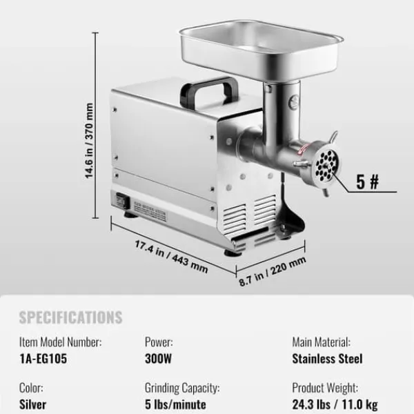 Madkværne & Kødhakker>Kødhakker, 1000-1300W Motor, Rustfrit Stål Konstruktion,5Lbs 5size