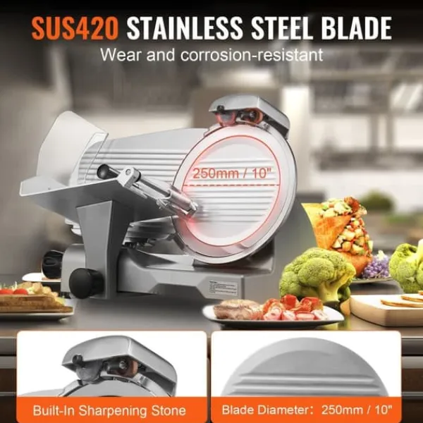 Kødskærer 340 W med 10" SUS420 rustfrit stålblad og slibesten. Justerbar tykkelse 0-0,6”, perfekt til kød og ost, både til hjemme- og erhvervsbrug. Discount