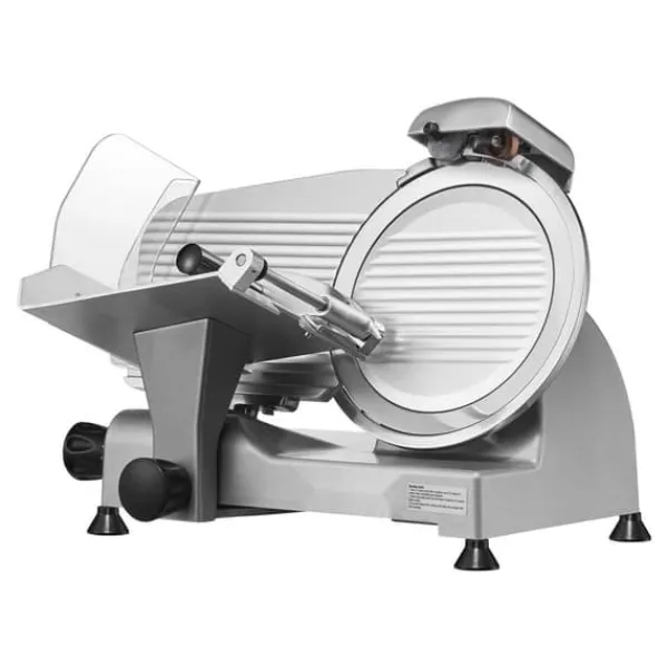 Kødskærer 340 W med 10" SUS420 rustfrit stålblad og slibesten. Justerbar tykkelse 0-0,6”, perfekt til kød og ost, både til hjemme- og erhvervsbrug. Discount