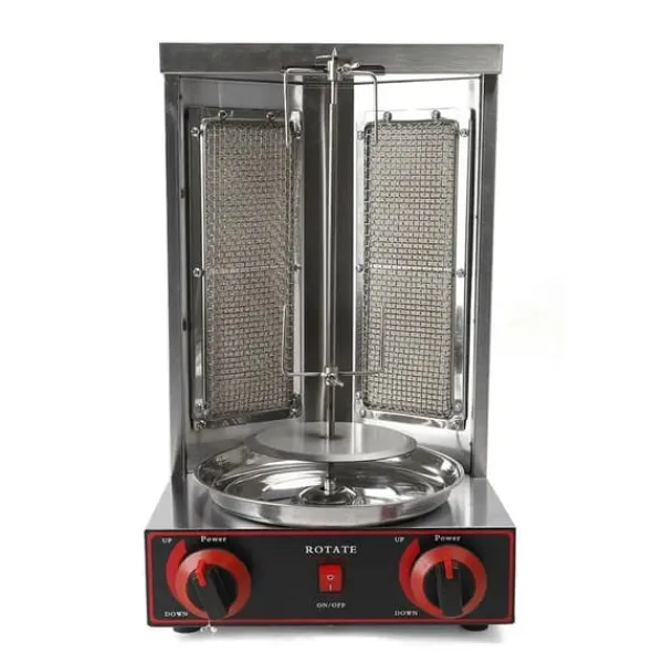 Kebab- og gyrosgrill - Elektrisk vertikalt rotisseri - 3000 W 220 V - 2 varmeelementer - 360° rotation - 12 kg kapacitet - Rustfrit stål - Grå