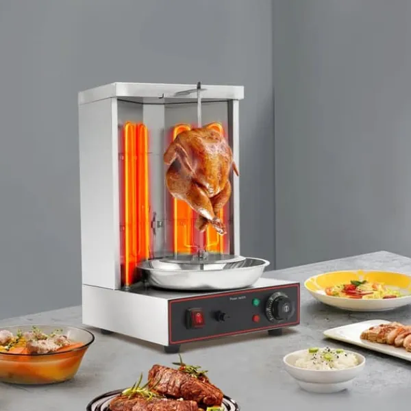 Kebab-/Gyrosgrill - Elektrisk Vertikalt Rotisseri - 3000W - 2 Brændere - 50–300°C - 220V - 10 kg Kapacitet - Rustfrit Stål 201 Online