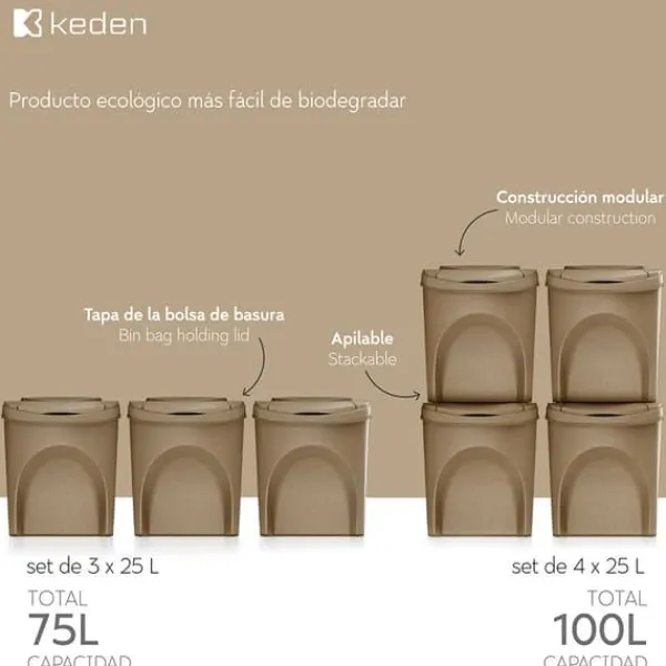 Keden Genbrugsskraldespand 39x29x45 Cm 3 Enheder Grå Best