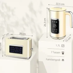 Elkedel>Kedler og brødrister med LED-touchskærm, 1,7 L, 2 skiver, forskellige tilstande og funktioner, cremehvid