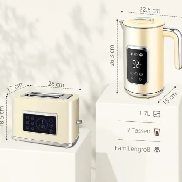 Elkedel>Kedler og brødrister med LED-touchskærm, 1,7 L, 2 skiver, forskellige tilstande og funktioner, cremehvid