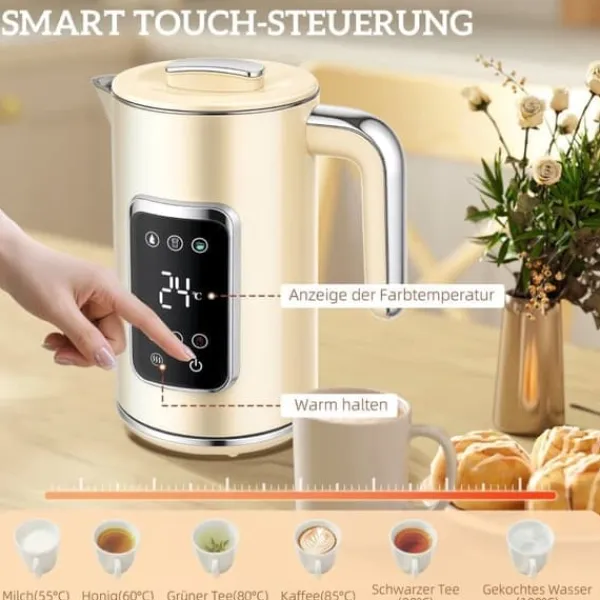 Elkedel>Kedler og brødrister med LED-touchskærm, 1,7 L, 2 skiver, forskellige tilstande og funktioner, cremehvid