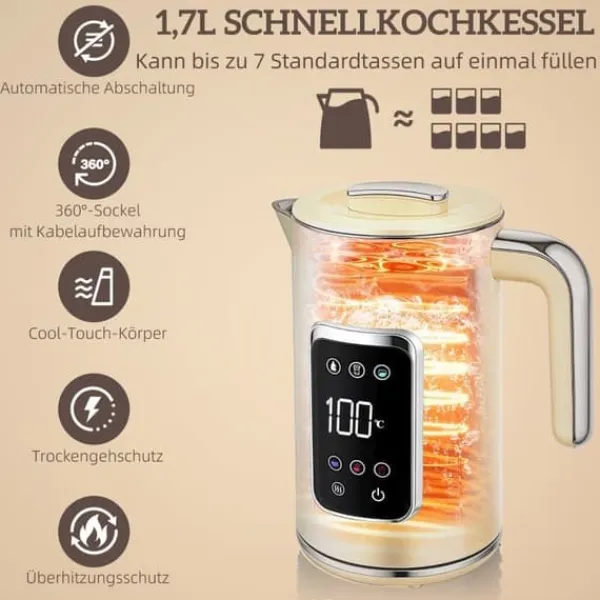 Elkedel>Kedler og brødrister med LED-touchskærm, 1,7 L, 2 skiver, forskellige tilstande og funktioner, cremehvid