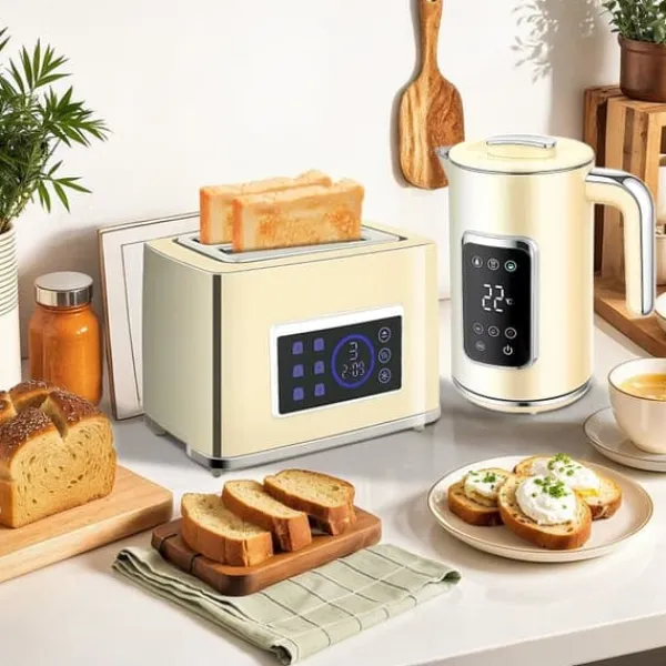 Elkedel>Kedler og brødrister med LED-touchskærm, 1,7 L, 2 skiver, forskellige tilstande og funktioner, cremehvid