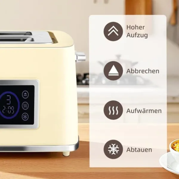 Elkedel>Kedler og brødrister med LED-touchskærm, 1,7 L, 2 skiver, forskellige tilstande og funktioner, cremehvid