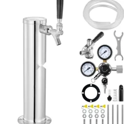 Ølhaner>Kegerator Tower Kit, Enkelt Tap Øl Konverteringskit, Rustfrit Stål Keg Øl Dispenser med Dual Gauge W21.8 Regulator & S-System Keg Coupler