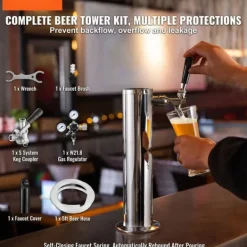 Ølhaner>Kegerator Tower Kit, Enkelt Tap Øl Konverteringskit, Rustfrit Stål Keg Øl Dispenser med Dual Gauge W21.8 Regulator & S-System Keg Coupler