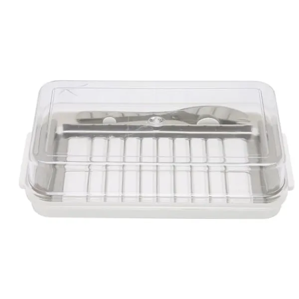 Beholdere Til Madopbevaring>Kitchen opbevaringsbeholder - smørskærerboks i rustfrit stål med klart låg og hvidt chassis