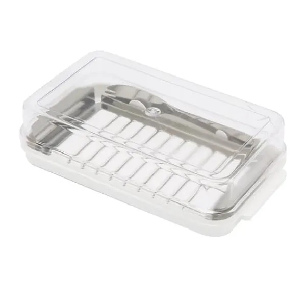 Beholdere Til Madopbevaring>Kitchen opbevaringsbeholder - smørskærerboks i rustfrit stål med klart låg og hvidt chassis