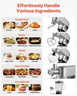 Mixere & Blendere>Køkkenmaskine - Røremaskine med blender - Skål 5,7 L - Effekt 1500 W - Hastighedstrin 6+ - Vippehoved - Blender 1,5 L - Skål i rustfrit stål - Sølv