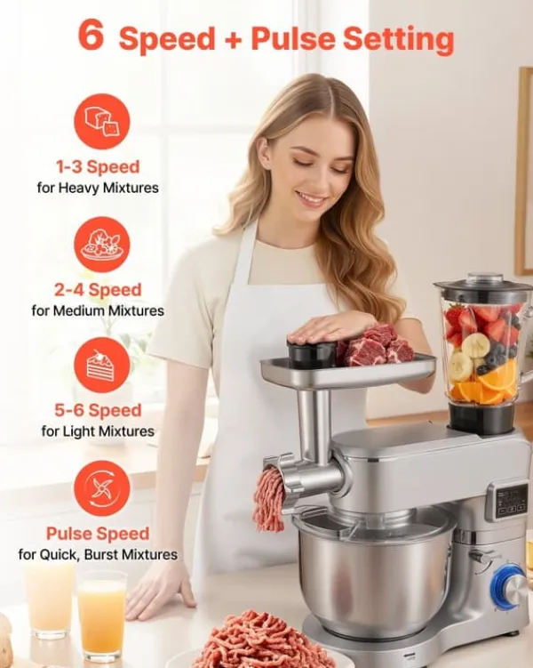 Mixere & Blendere>Køkkenmaskine - Røremaskine med blender - Skål 5,7 L - Effekt 1500 W - Hastighedstrin 6+ - Vippehoved - Blender 1,5 L - Skål i rustfrit stål - Sølv