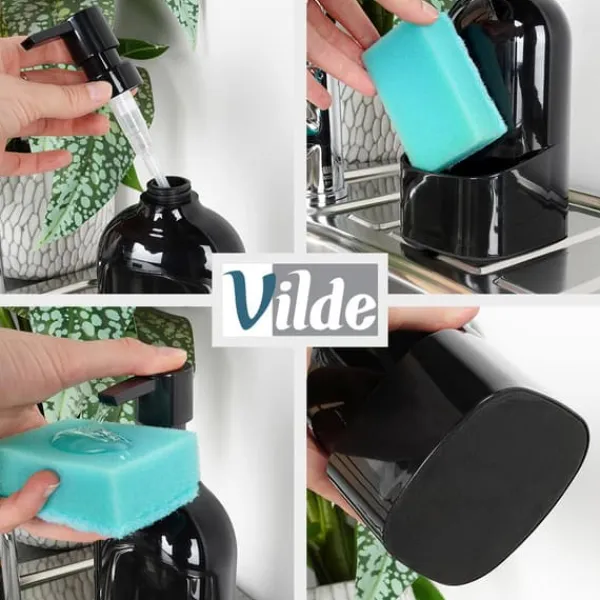 Rengøringsmiddel>Køkkenopvaskemiddeldispenser, svampebeholder, skuresvamp, sort til vask