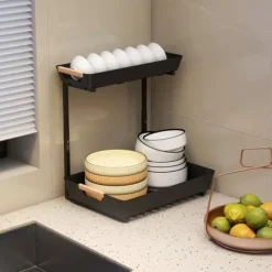 Køkkenreol – højdejusterbart reolsystem med 2 kurve, kaffestation 40×30×33,5–42 cm Online