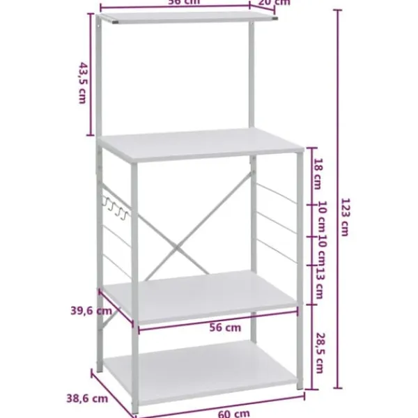 Køkkenreol med 4 hylder til mikroovn | Materiale: Konstrueret træ | Farve: Hvid | Størrelse: 60x39,6x123 cm