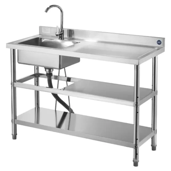 Køkkenvask i rustfrit stål - Fritstående model med enkel kumme - Vandhane med varmt/koldt vand - Dobbelt opbevaringshylde - 120 x 50 x 94 cm New