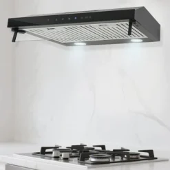 Emhætter>Køkkenventilator, 60 cm bredde, 2 x 100W motorkraft, 350 CFM sugeevne, 55 dB støjniveau, berøringskontrol