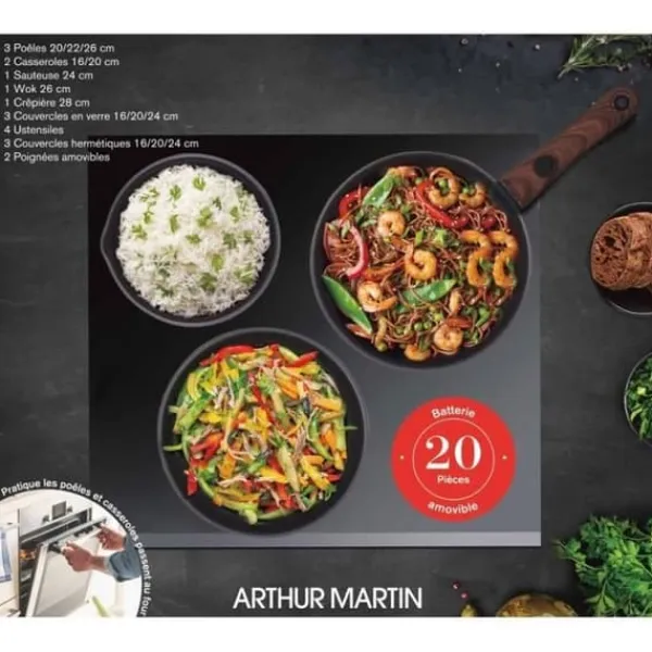 Gryder, Stegepander Og Kasseroller>Kokkärl - Alla brännare inklusive induktion - Arthur Martin - AM0530 - Aluminium - Non-stick - 20 stycken - Avtagbart handtag