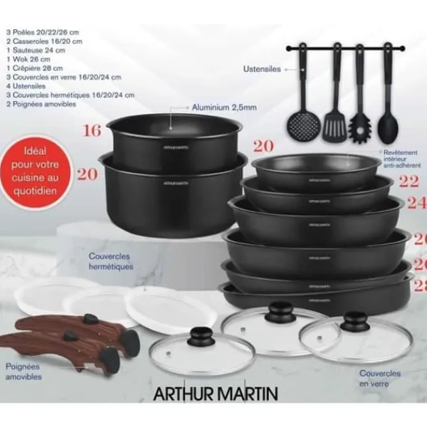 Gryder, Stegepander Og Kasseroller>Kokkärl - Alla brännare inklusive induktion - Arthur Martin - AM0530 - Aluminium - Non-stick - 20 stycken - Avtagbart handtag