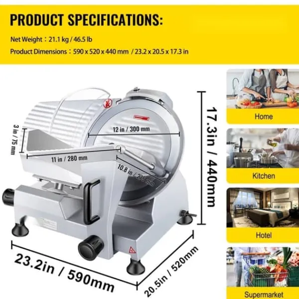 Kommerciel 320 W elektrisk kødskærer med 12" kulstofstålblad. Justerbar tykkelse 0-0,6 tommer til kød, ost, grøntsager og skinke. Clearance