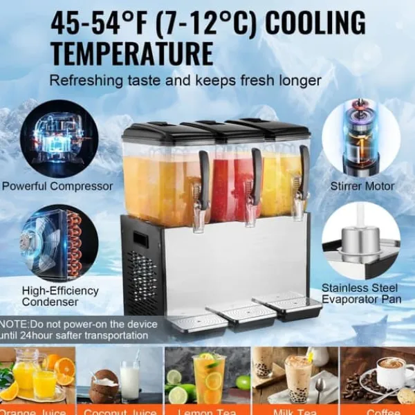 Drikkevareautomater>Kommerciel drikkevaredispenser 12L x 3 tanke, kold juice og isdrik, hurtig servering, ideel til café og fest.
