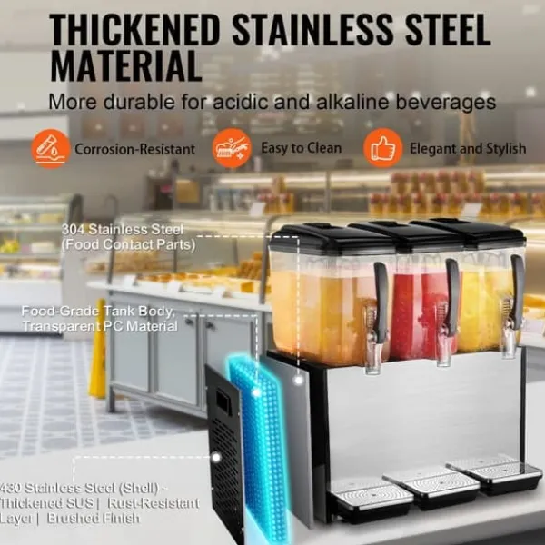 Drikkevareautomater>Kommerciel drikkevaredispenser 12L x 3 tanke, kold juice og isdrik, hurtig servering, ideel til café og fest.