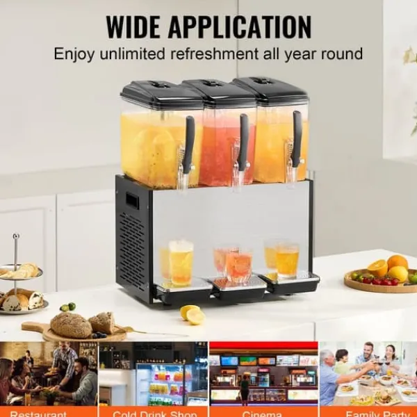 Drikkevareautomater>Kommerciel drikkevaredispenser 12L x 3 tanke, kold juice og isdrik, hurtig servering, ideel til café og fest.