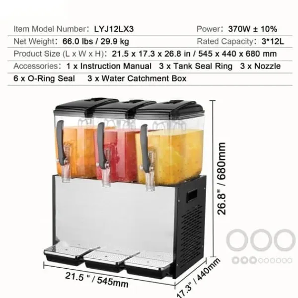 Drikkevareautomater>Kommerciel drikkevaredispenser 12L x 3 tanke, kold juice og isdrik, hurtig servering, ideel til café og fest.