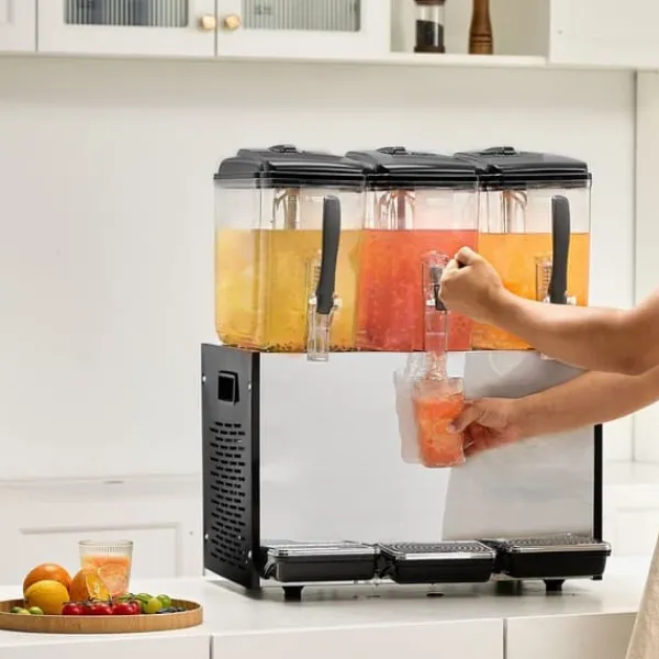 Drikkevareautomater>Kommerciel drikkevaredispenser 12L x 3 tanke, kold juice og isdrik, hurtig servering, ideel til café og fest.