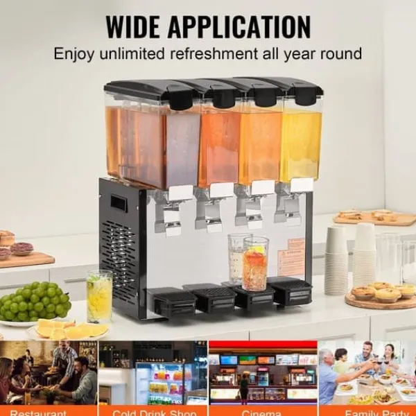 Drikkevareautomater>Kommerciel drikkevaredispenser 10L x 4 tanke, kold juice og isdrik, holdbar, ideel til cafeer og fester.