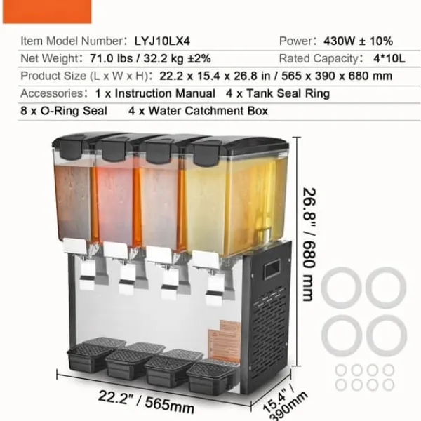 Drikkevareautomater>Kommerciel drikkevaredispenser 10L x 4 tanke, kold juice og isdrik, holdbar, ideel til cafeer og fester.