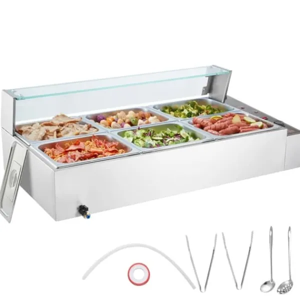 Madopvarmere>Kommerciel elektrisk madvarmer 6*8Qt, bordpladebuffet med glasafdækning, ideel til fest og catering.