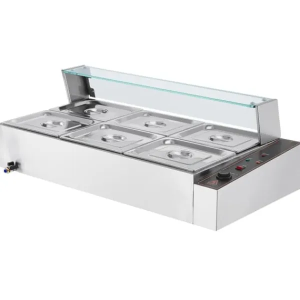 Madopvarmere>Kommerciel elektrisk madvarmer 6*8Qt, bordpladebuffet med glasafdækning, ideel til fest og catering.