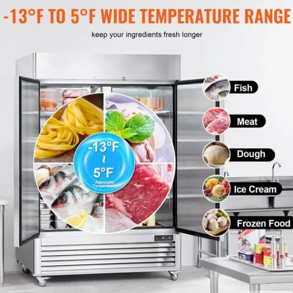 Kommerciel fryser 38,83 Cu.ft, 2-dørs opretstående fryser, automatisk afrimning, rustfrit stål, Reach-in fryser, 6"