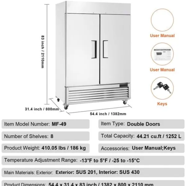 Kommerciel fryser 38,83 Cu.ft, 2-dørs opretstående fryser, automatisk afrimning, rustfrit stål, Reach-in fryser, 6"