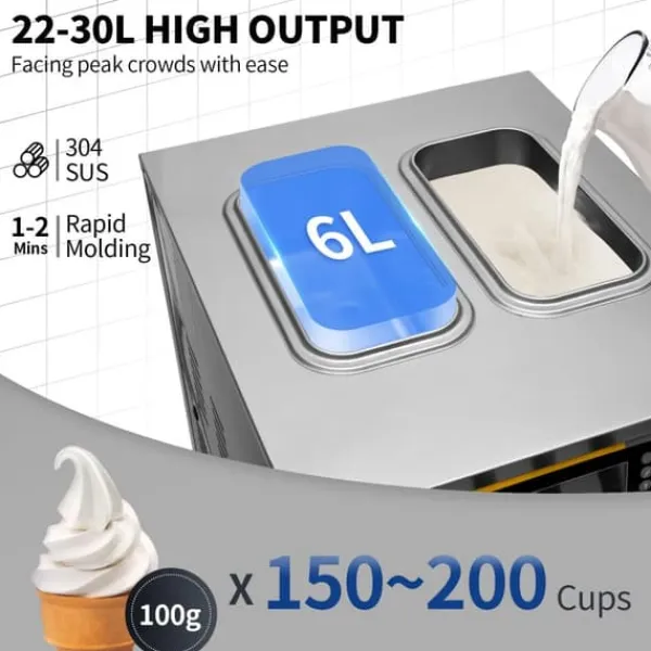 Ismaskine>Kommerciel ismaskine med kapacitet på 22-30L/H og 2200W. Leveres med 2x6L hopper, 2L cylinder, LCD-panel og alarm. Ideel til restaurant
